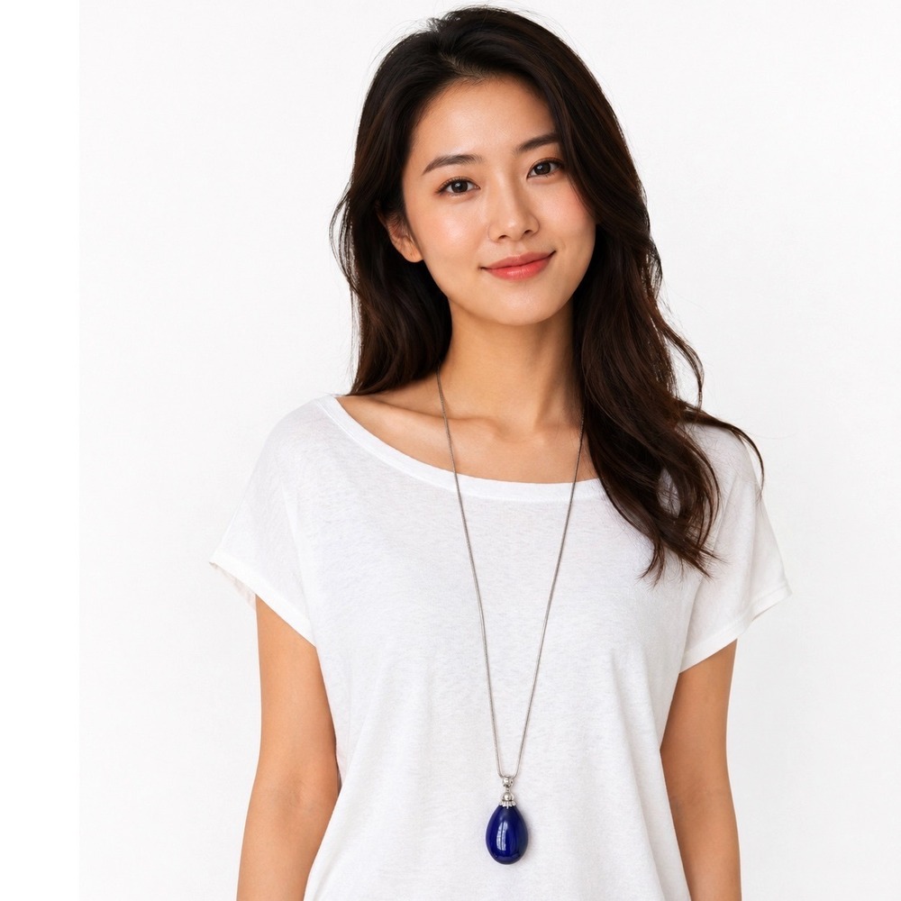 Chicos Silver Tone Snake Chain‎ Blue Teardrop Pendant Necklace Crystal 103-146
